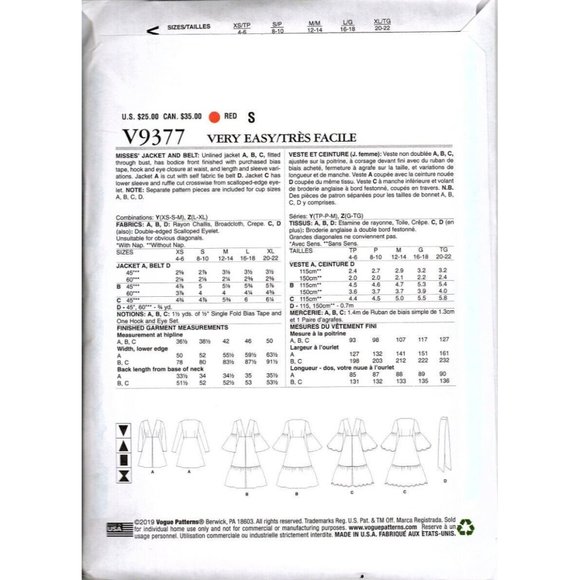 Vogue V9377 Misses XS to M Tiered Light Jacket Uncut Sewing Pattern - Picture 2 of 2